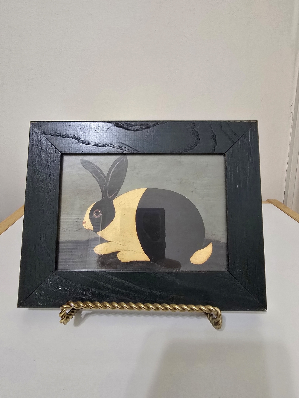 Warren Kimble Folk Art Black White Bunny Rabbit Print Green Frame Vintage EUC.